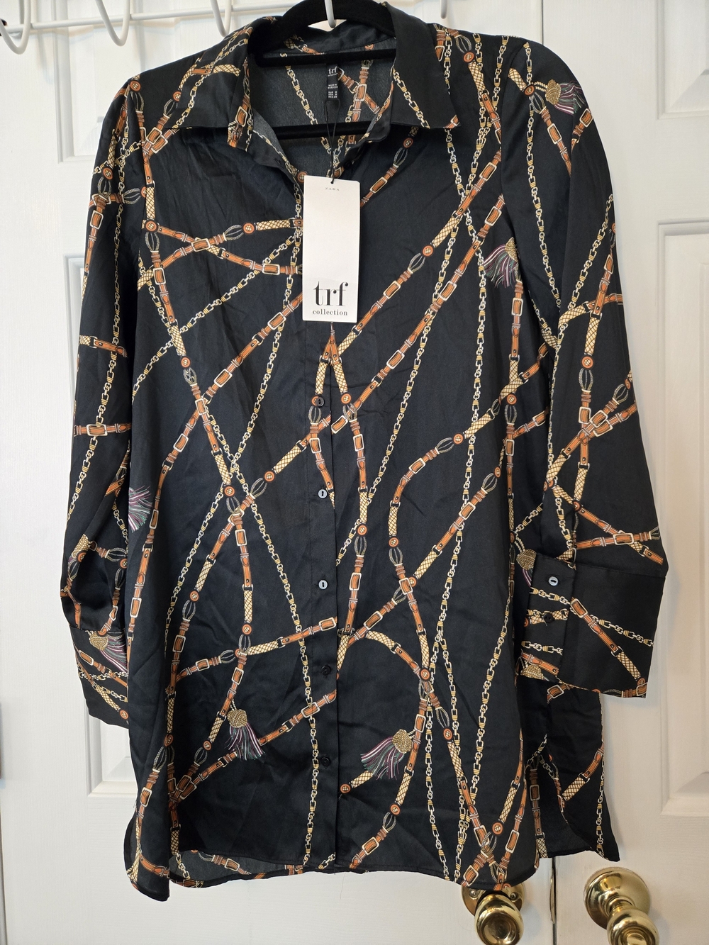 Zara TRF Collection Black Chain Strap Tassel Print Button-Up Blouse Tunic Size M